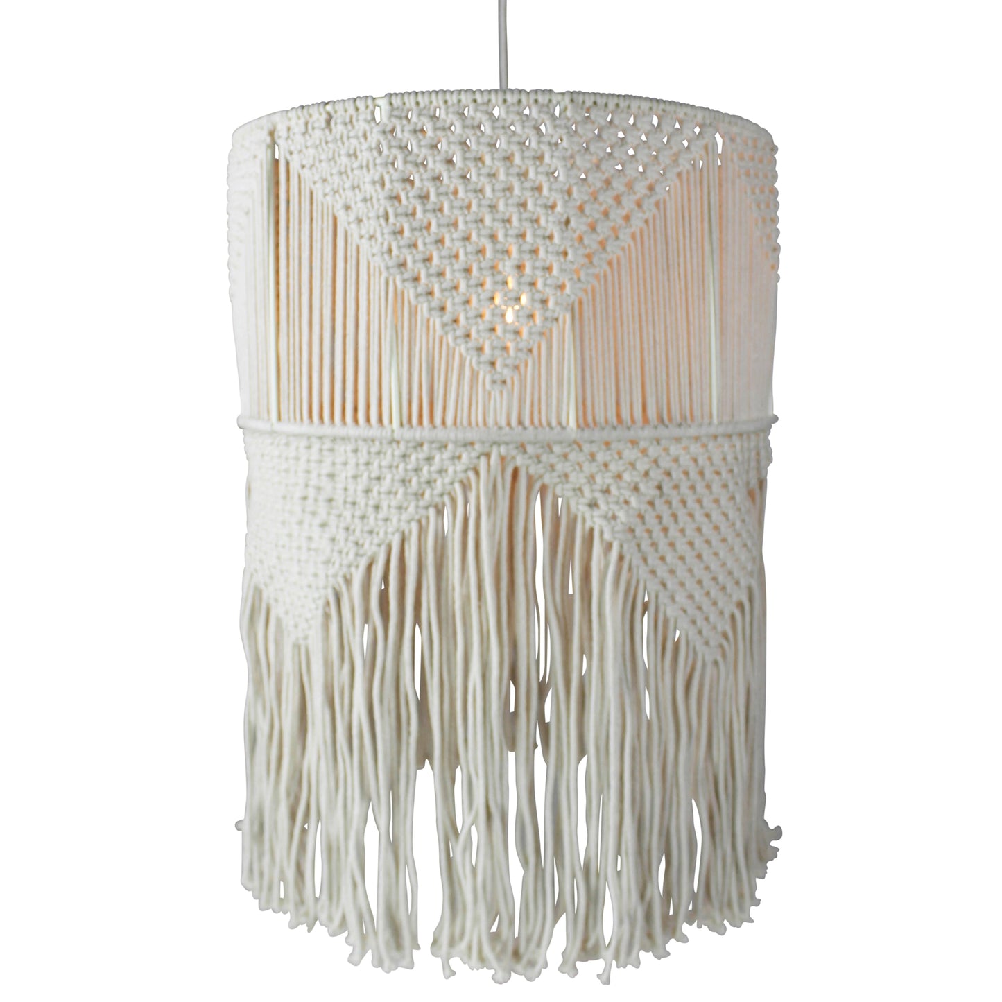 Macrame Tall Drum Pendant Lamp With Fringe